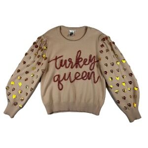 Queen of Sparkles Turkey Queen Thanksgiving Sequin Puff Sleeve Sweater Tan L